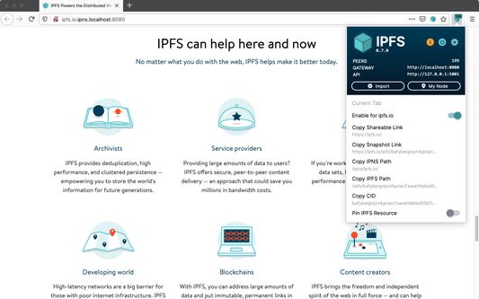 Check your node status and peer count from your browser bar, plus valuable IPFS shortcuts and info at a single click.