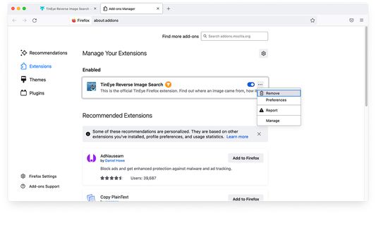 To uninstall the TinEye extension, click on the three horizontal lines in the upper-right corner of your browser window and select Add-ons and themes. Find TinEye Reverse Image Search in the list, then click on the three horizontal dots to the right and select Remove.