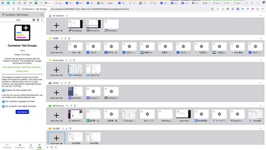 Panorama Grid enables you to manage all tabs across windows sorted by Containers.