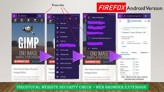 A quick start banner for VirusTotal Website Security Check running Firefox Android version.