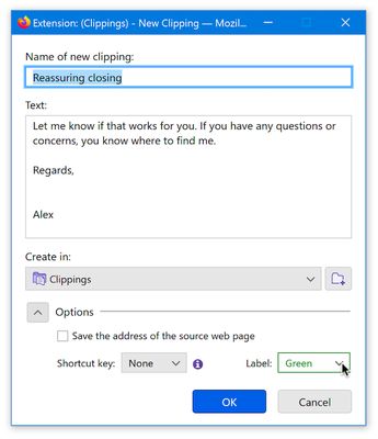 To create a new clipping, select the desired clipping text in the web page, then right-click and select <b>Clippings → New</b> from the browser context menu.